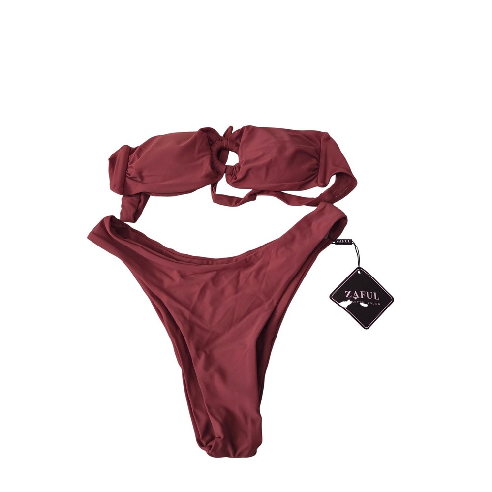 Zaful Womens Bandeau O-Ring Bikini Set Mauve‎ High Cut Two Piece Swimsuit Size S